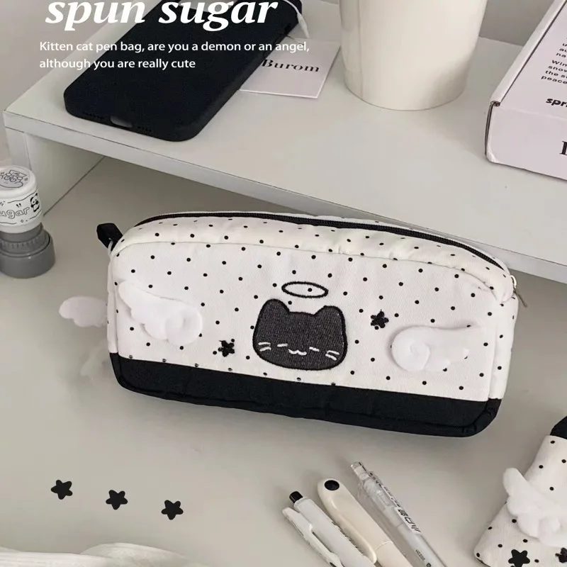 Cute Cartoon Angel Demon Cat Pencil Case Black Polka Dot Makeup Pouch Large Capacity Stationery Organizer for School Supplies