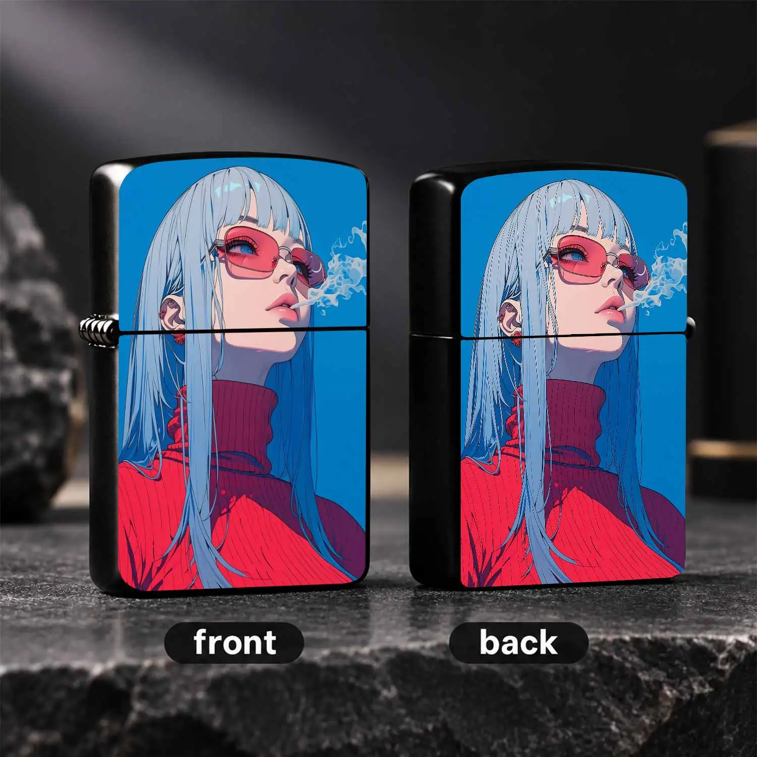 Trendy Cyber Aesthetic Illustration Style Portable Lighter, Cool Cyan-Hair Character Print Design, Sleek Bright Color Matching, Perfect For Daily Hangouts, Outdoor Trips, Party Gatherings, Ideal As A Personal Stylish Ac A Humorous And Inter