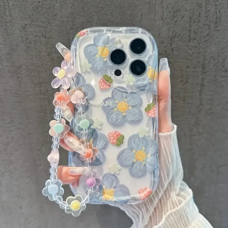 Erdbeerblumen-Handyhülle für iPhone 17 15 13 11 12 14 16 17 Pro Max Plus 17 Hüllen mit Blumen-Schlüsselband Silikon-Cover – Detail 4