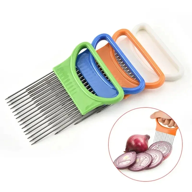Stainless Steel Onion Cutter Holder Food Slicer Assistant Tomato Onion Slicer Holder Vegetable Cutting Fork Kitchen Gadget
