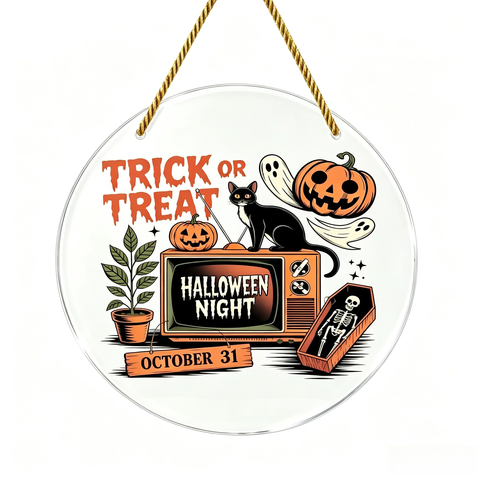 Trick Or Treat Round Acrylic Hanging Sign, Retro TV Black Cat Halloween Door Wall Decor