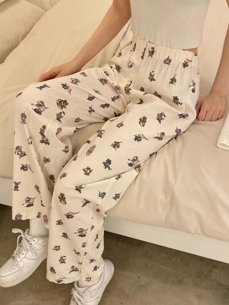 Cartoon Dinosaur Print Casual Pants Women Autumn Cotton Elastic Waist Straight Sweatpants Y2k Vintage Cute Baggy Sports Trousers