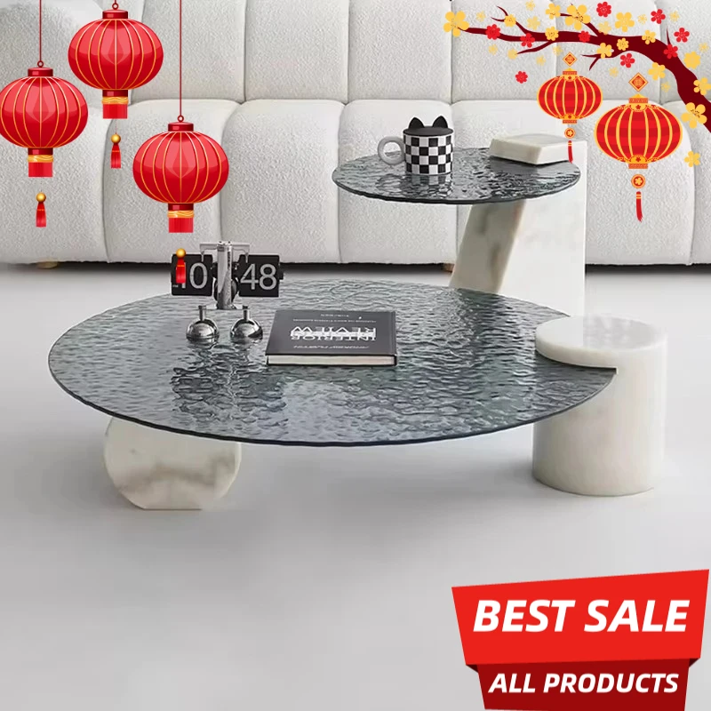 Meja Kopi Kaca Temper Berkualitas Tinggi Ruang Tamu Meja Bundar Rumah Tangga Kombinasi Meja Tengah Modern dengan Alas Marmer