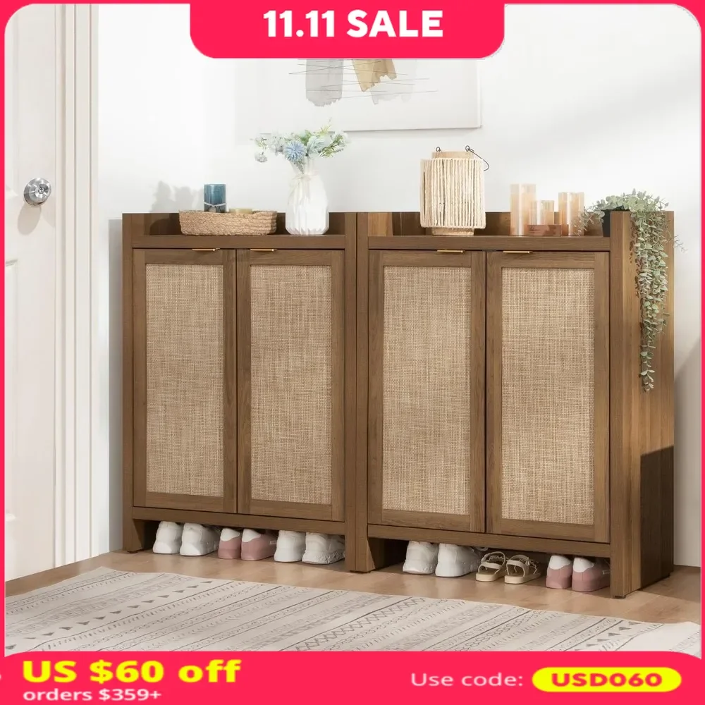 

Shoe Cabinet Set of 2，Rattan Shoe Cabinet with Doors and Shelves，6-Tier Farmhouse Boho Wood Storage Cabinet，Shoe Storage Cabinet