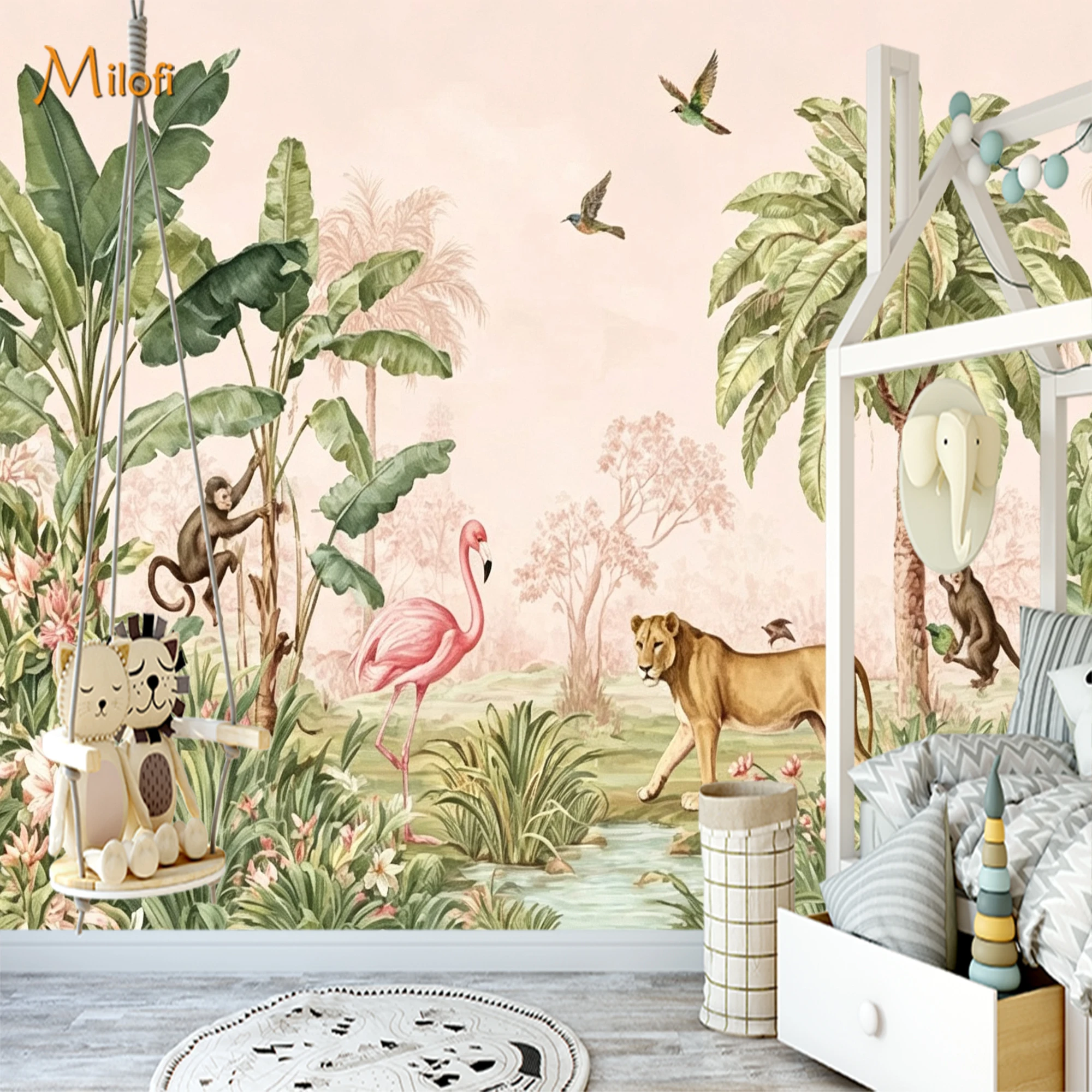 Vintage Jungle Animal Wall Mural Custom Wallpaper Flamingo Lion Monkey Tropical Plant Wall Covering