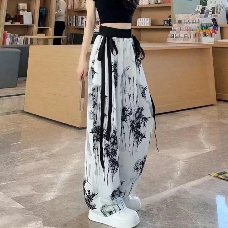 Women's Thin Casual Ice Silk Chiffon Wide Leg Pants 2024 Summer New Strap Drop Straight Tube Floor Trousers Korean Style Women