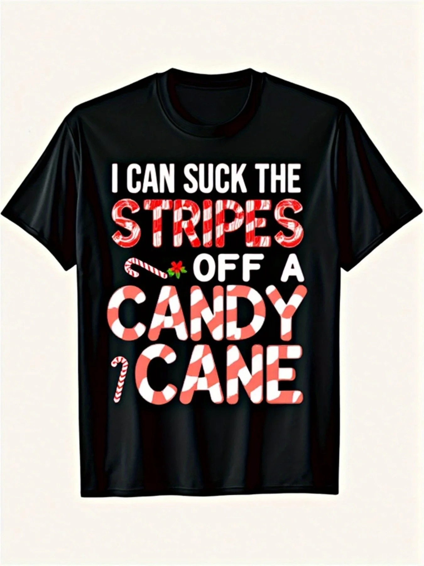 Camiseta divertida de Navidad con diseño de bastón de caramelo sucio | Camiseta divertida de Papá Noel en negro con estampado de "I Can Suck the Stripes Off a Candy Cane", camisa unisex de manga corta de corte regular para hombres y mujeres, para todas las estaciones, cuello redondo, tela ligeramente elástica, 220G