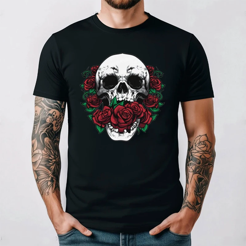 Skull and Red Roses Skeleton Gothic Hipster Novelty Short-Sleeve Unisex T-Shirt Skeleton and Flower Pattern Cotton Casual Shirt