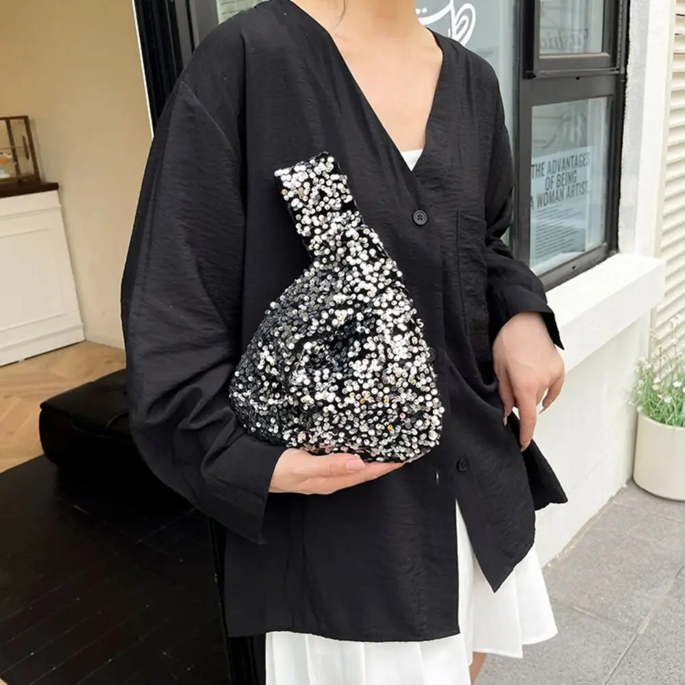 Casual Paillette Knot Handbag Giltter Blingbling Sequin Evening Bag Sweet Cute Portable Storage Bag Students