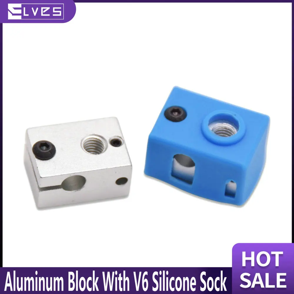 ELVES 3D Printer V6 Heater Block Offical Aluminum Block With V6 Silicone Sock for V6 PT100 thermistor J-head 1.75/3.0mm