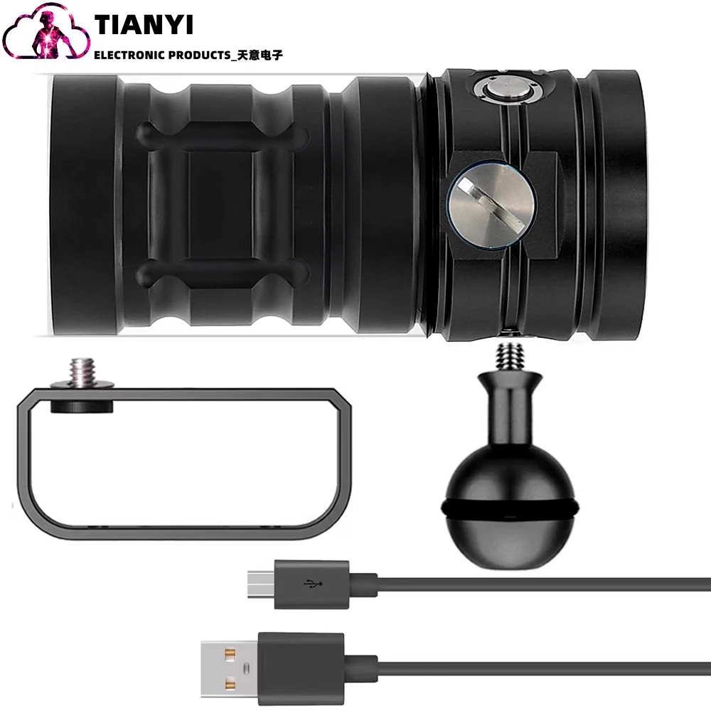 ไฟฉายดำน้ำ LED สว่างพิเศษ 18000 ลูเมนส์ กันน้ำ 100 เมตร แสงสีขาว แสงสีฟ้า แสงสีแดง ชาร์จแบบ Type C