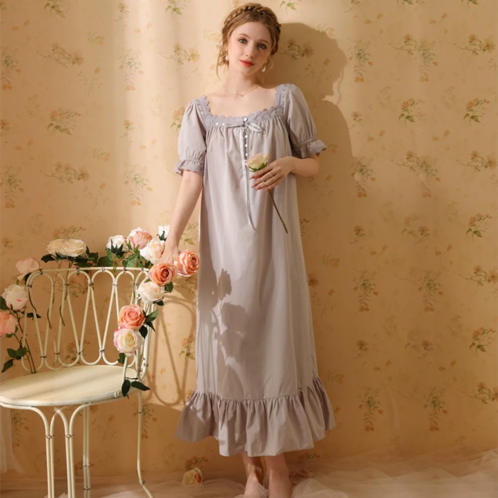 

Princess Women Sleepwear One Piece Dress Summer Short Sleeve Pure Cotton Pajamas Dress Night Wear For Ladies Women's Nightgown