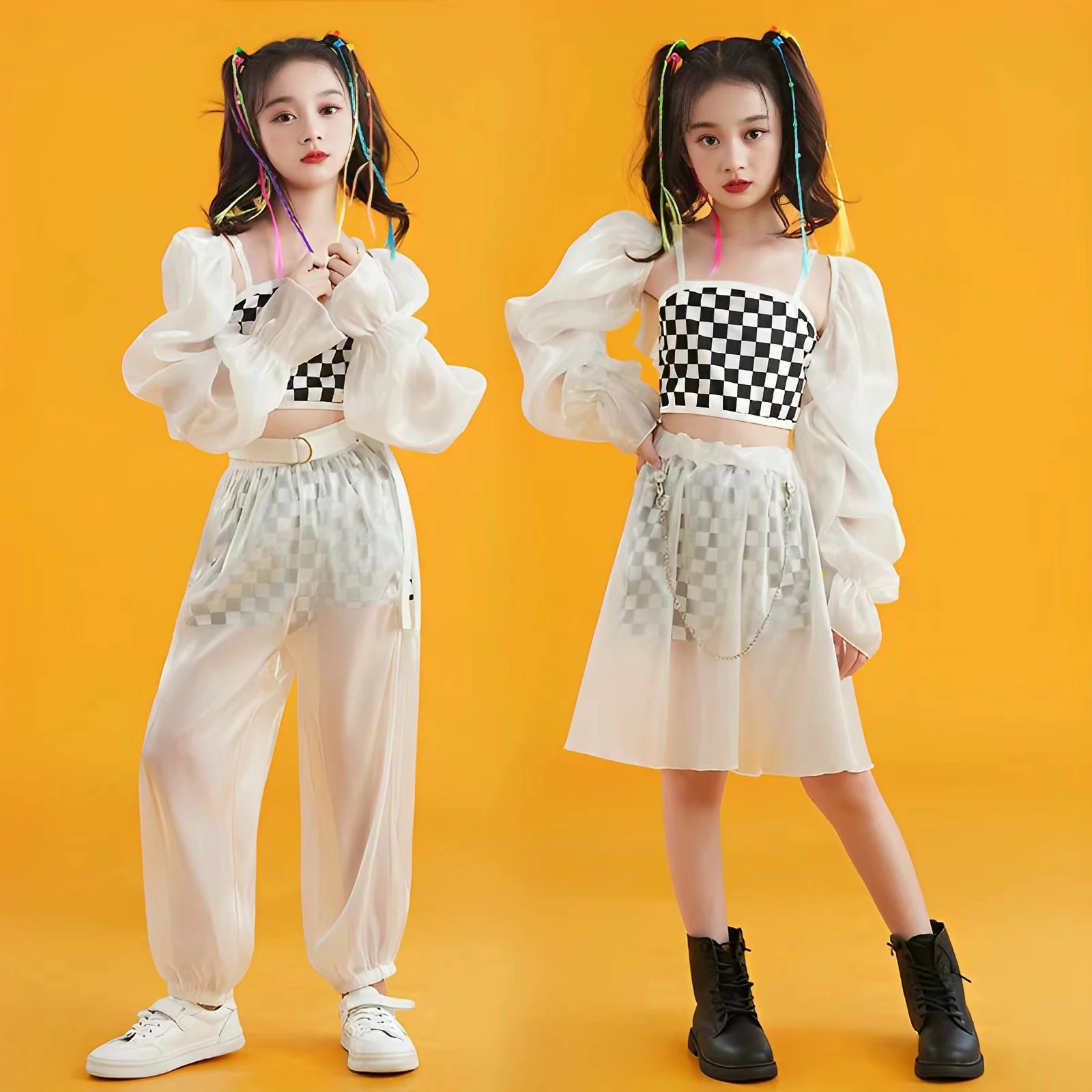 Kids' Jazz Dance Costume: Black & White Grid Transparent Mesh Korean-style Girl Group Fashion Street Dance Hip-hop Practice Wear