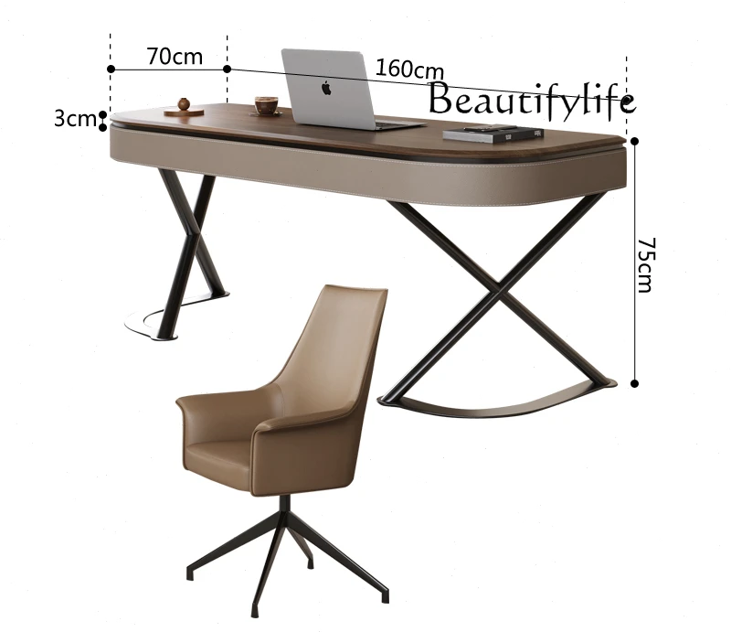 

Nordic medieval solid wood writing table simple saddle leather desk