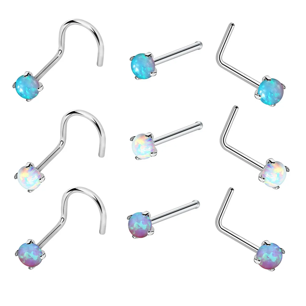 3pcs/lot Opal Bone Nose Studs Sets Stainless Steel S-Shaped Nose Nail Piercing for Women Men L-Style Nose Stud Rings Piercings