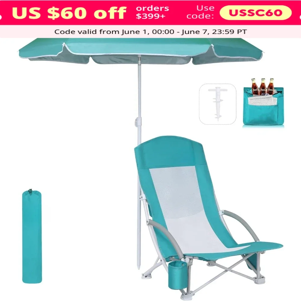 

Beach Chairs for Adults with Umbrella and Cooler, Cup Holder & Carry Bag & Heavy Duty Compact Outdoor, Camping Beach Chair