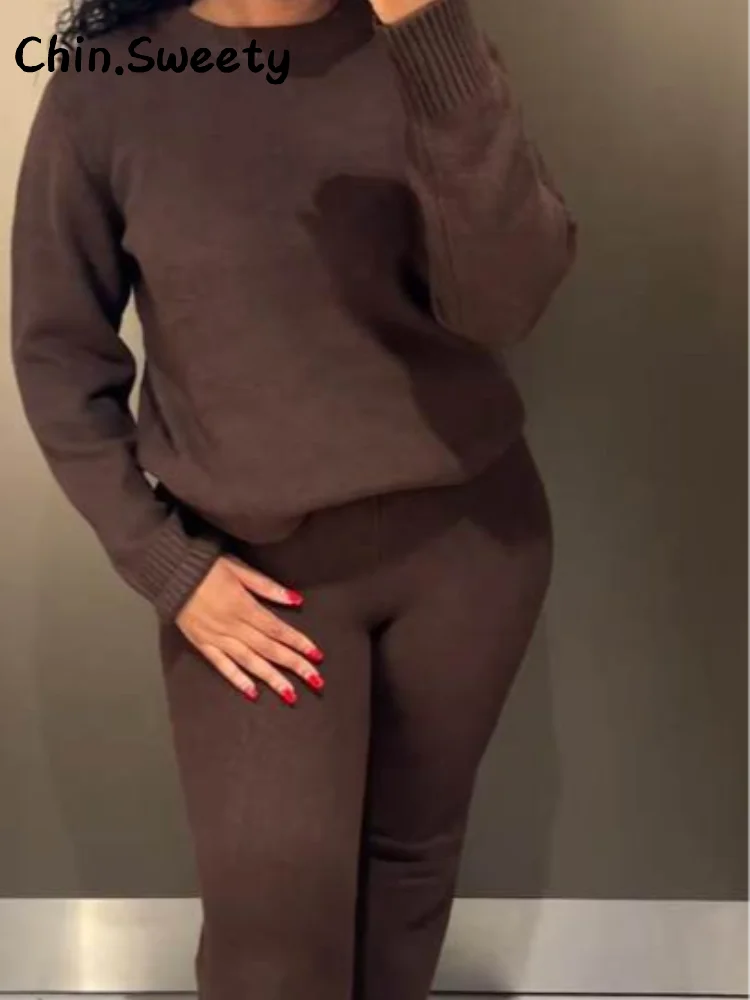 

Повседневные женские комплекты трикотажных брюк, свободные однотонные пуловеры с круглым вырезом и длинными рукавами, прямые широкие брюки, осенне-зимняя одежда 2023 г.