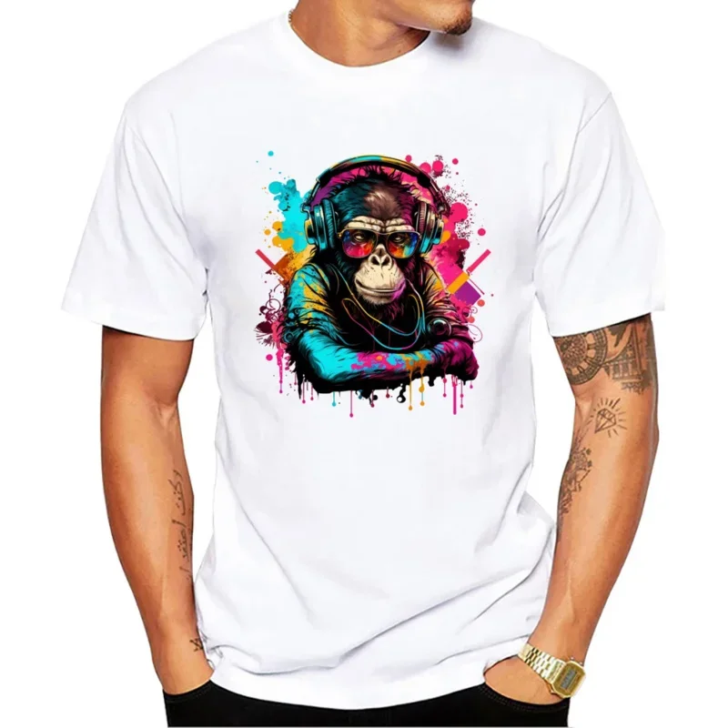 Men's Colorful Short Sleeve T-Shirt, DJ Monkey Design, Cool Printed Tops, Hipster Tee, New, 2022