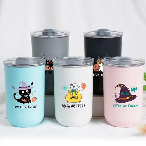 Cute Halloween Kids Insulated Tumbler Black Cat Trick Or Treat Print Stainless Steel Cup With Lid Drinkware Halloween Party Gift