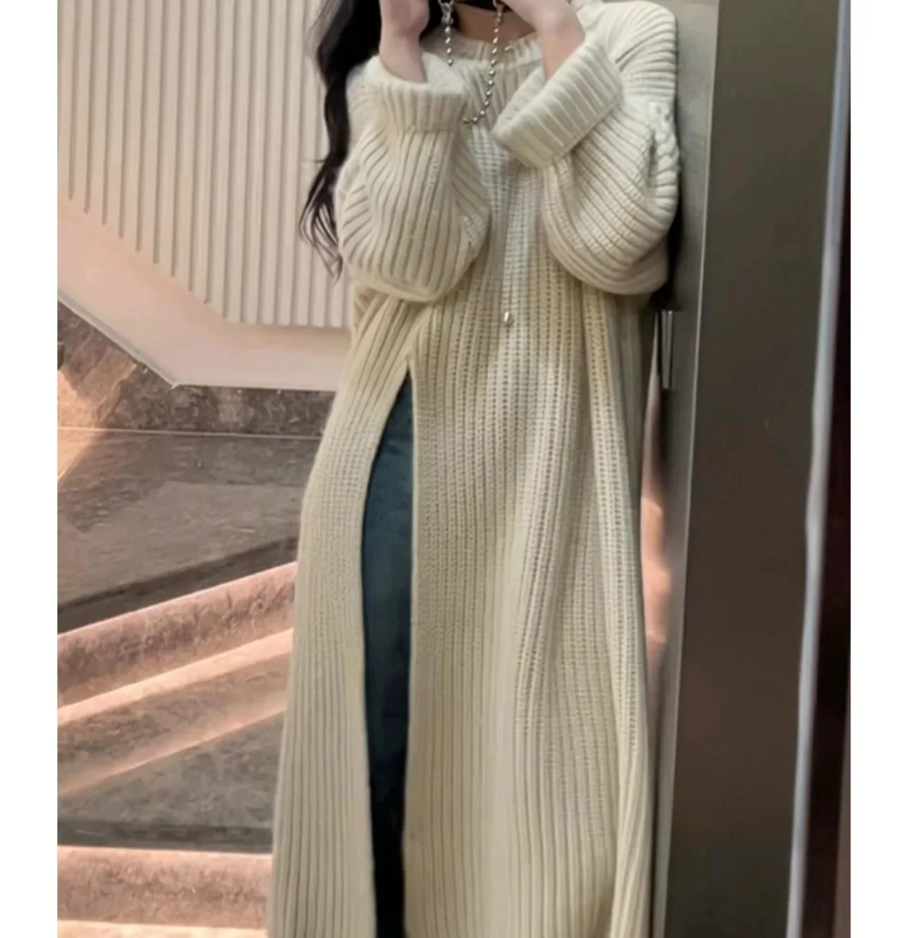 الكورية كسول نمط محبوك فستان المرأة أوائل الخريف جديد فضفاض فوق الركبة منتصف طول سترة فستان جولة الرقبة كم كامل #3