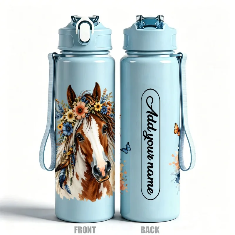 750ml Custom Name Brown White Horse Wildflower Crown Feather Leakproof Sports Water Bottle for Outdoor Gym Cycling Hiking School