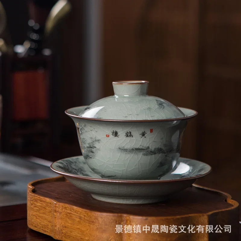Jingdezhen Ceramic Sancai Gaiwan Teacup Household Retro High-end Tea Bowl Opening Film Can Raise Ru Porcelain Kung Fu Tea Set
