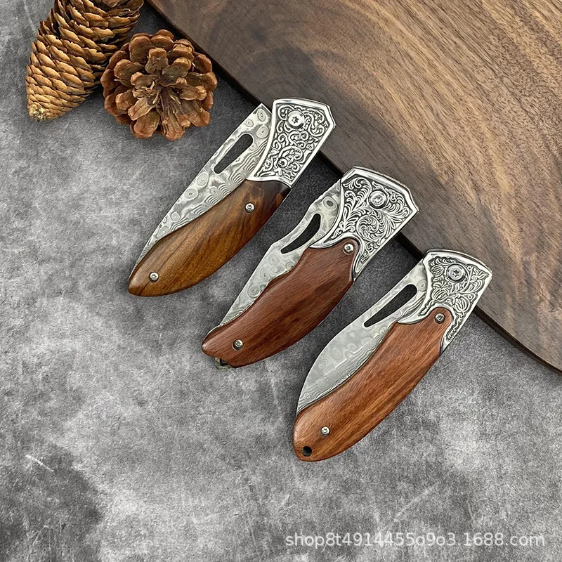 Damascus steel knife fruit knife field self-defense folding knife sharp knife outdoor folding knife pocket portable waist knife