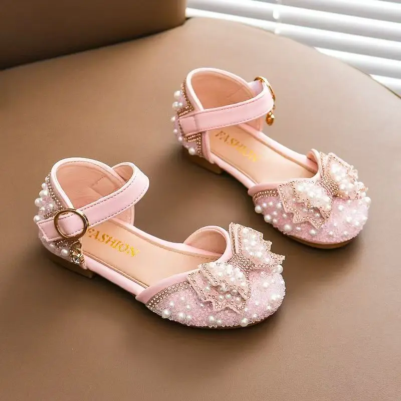 Girl's Summer New Bowknot Closed Toe Sandals Soft sole Round Toe Hollow Out Cover Heel Buckle Strap Flat sole Princess Sandals