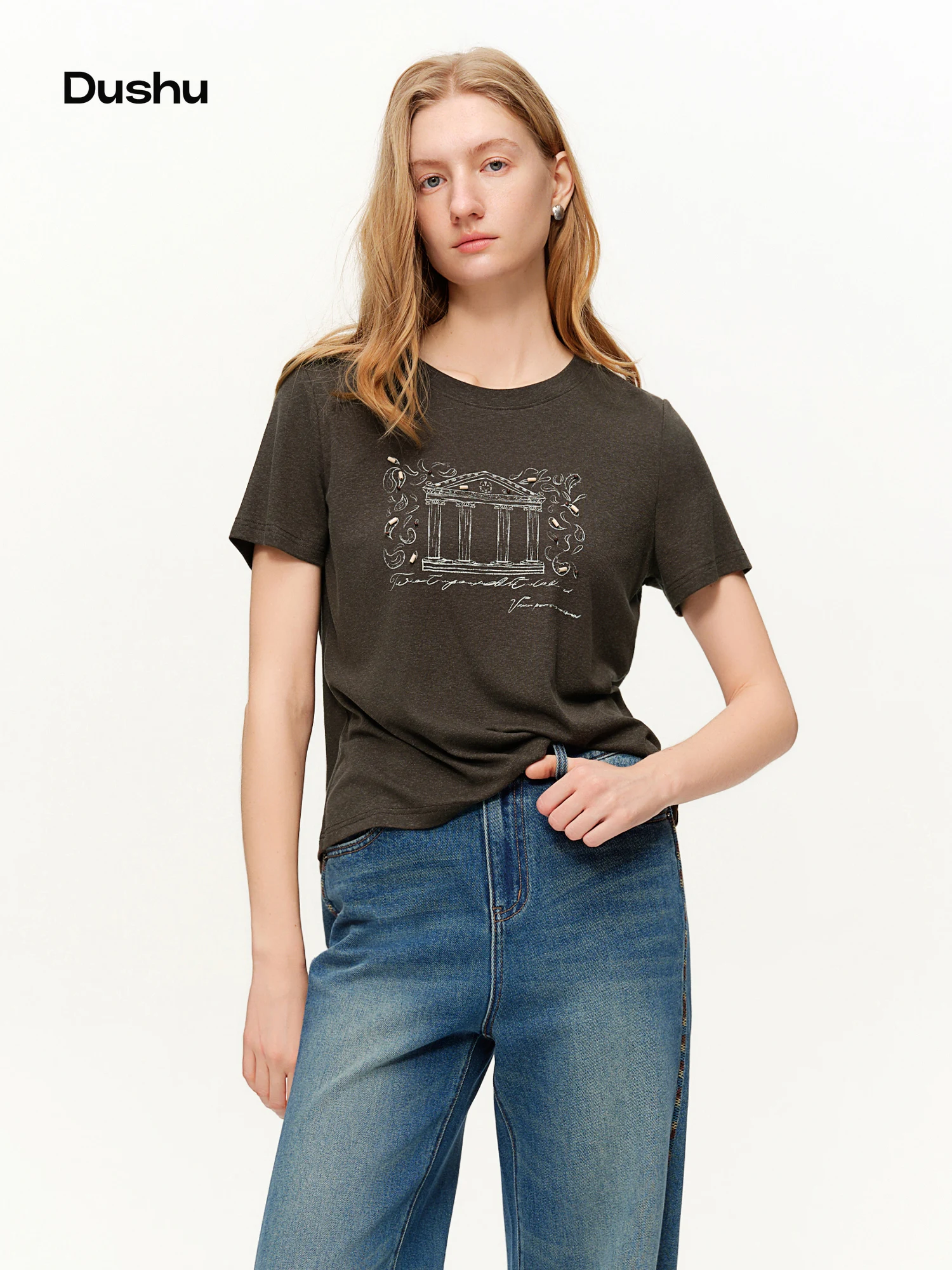 DUSHU 2026 Spring Women's Vintage Pattern Beaded Accent Round Neck Short Sleeve T-Shirt - Comfortable Casual Daily Wear
