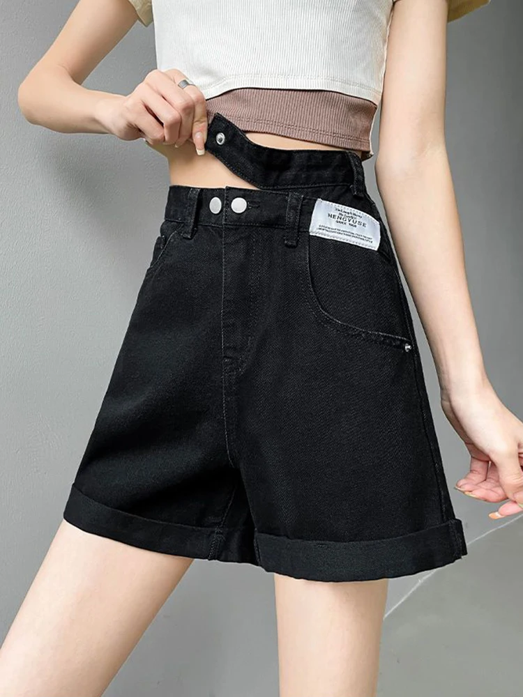 Zoki Design Women Letter Denim Shorts Harajuku Casual Vintage A Line Shorts Summer Korean High Waist Preppy Style Jeans Shorts