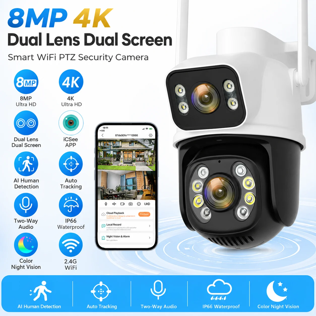 8MP Dual Lens Outdoor WiFi PTZ Camera iCSee Dual View Smart AI Tracking Two Way Audio IP66 Full Color Night Vision Home Security