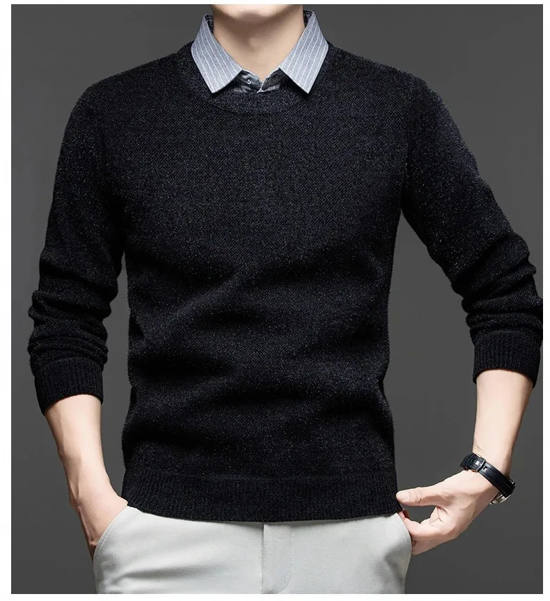 Hochwertiger, warmer Plüsch-Strickpullover für Herren, Herbst-Winter-Komfort, lässige Mode, gefälschter zweiteiliger gestreifter Hemdkragen-Pullover – Detail 12