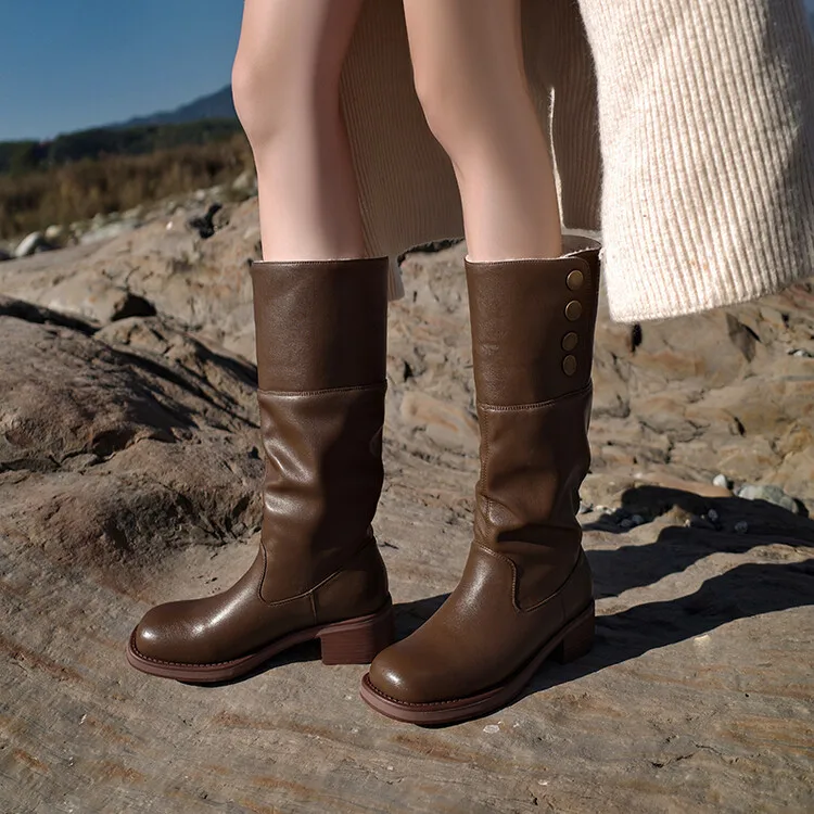 Botas de vaquero occidentales con hebilla de Metal de estilo Punk para mujer, botas de nieve gruesas, tacón cuadrado de cabeza redonda Retro, botas informales