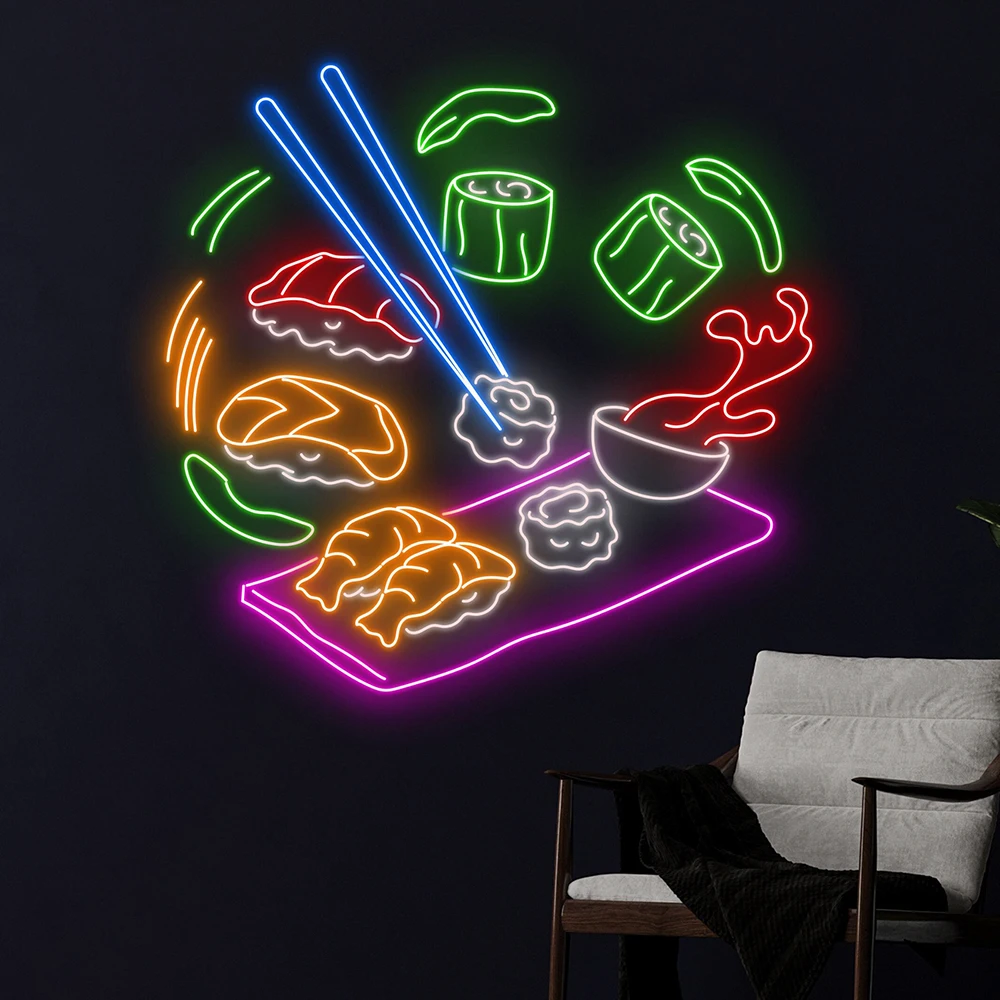 Sushi LED Neon Sign Custom Japanese Restaurant Sushi Roll Set Neon Light Kitchen Wall Decor Art Food Coffee Shop Bar Decoration