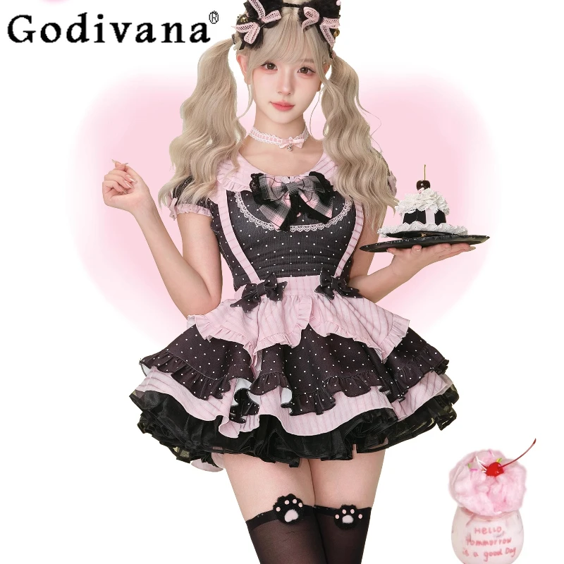 

Летний топ в горошек с бантом в горошек, платье на бретелях, нижняя юбка, комплект платья на бретелях для девочек, женские милые наряды в стиле Лолиты