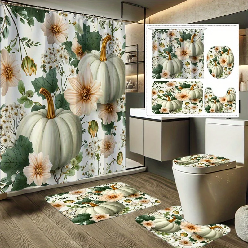 

4pcs Autumn Pumpkin Floral Print Bathroom Set, Includes Shower Curtain with Hooks, Non-Slip Mat, Toilet Lid Cover, and 12 Plas