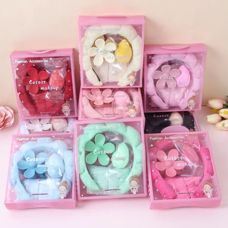 5pcs/set Headband Wristbands for Girls Flower Hair Clip,Toiletries Set with Delicate Box for Gifts or Daily Bathing,Face Washing view 2