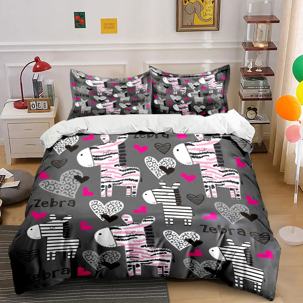 

Cartoon zebras with colorful heart Duvet Cover Set with 3D Printing Design Soft Polyester Bedding Set All-Season Comfort