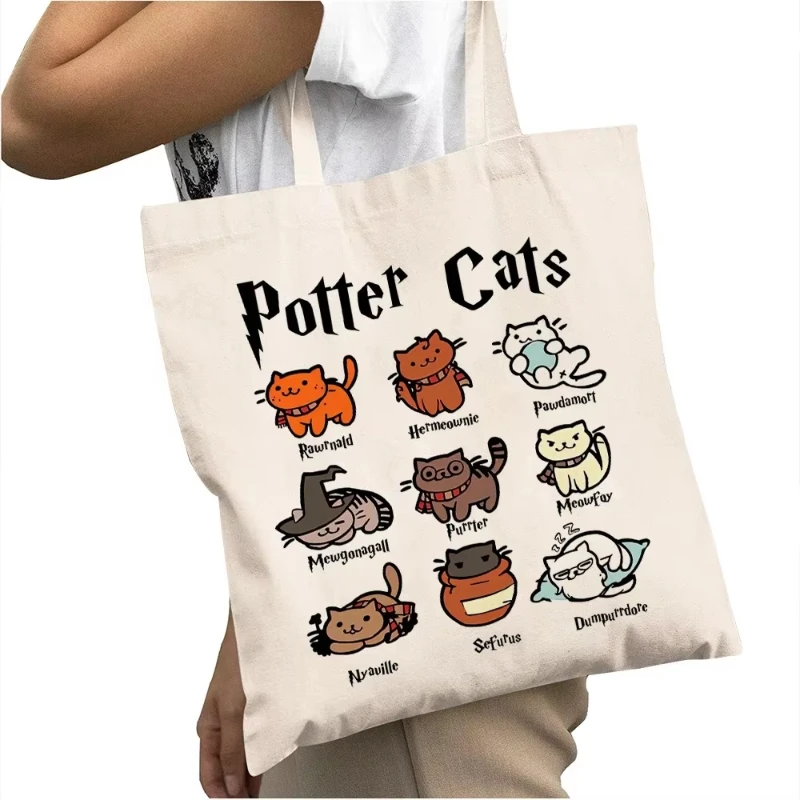 

2026 Summer Casual Cartoon Potter Cats Women Shopping Bags Double Print Casual Girl Tote Handbag Big Capacity Lady Shopper Bag