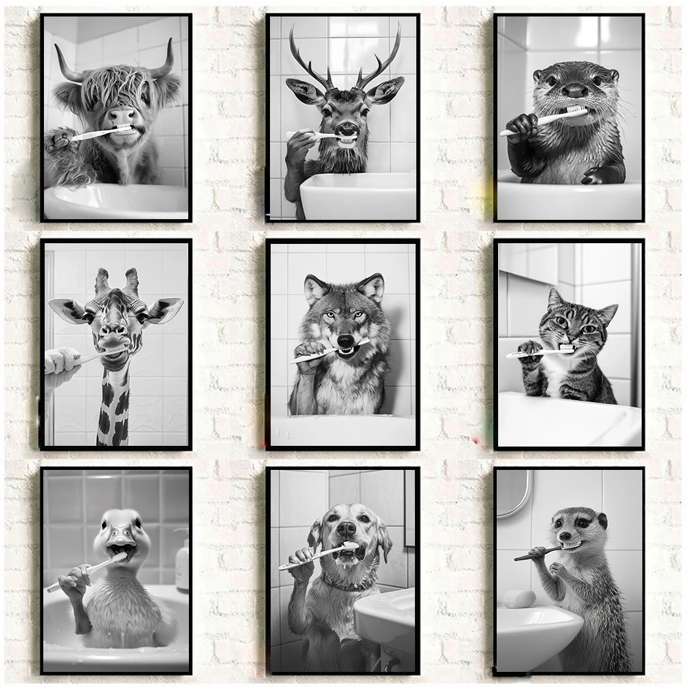 1pc frameless Canvas Painting Black White Funny Bathroom Animal Wolf Brushing Teeth Poster Vintage Canvas Painting Print Wall Ar