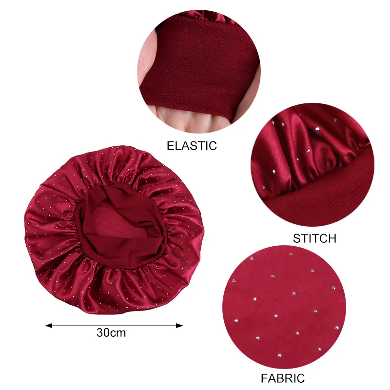 New Elegant Silky Satin Bonnet For Women With Diamond Elastic Wide Band Shower Cap Lightweight Soft Sleeping Night Cap