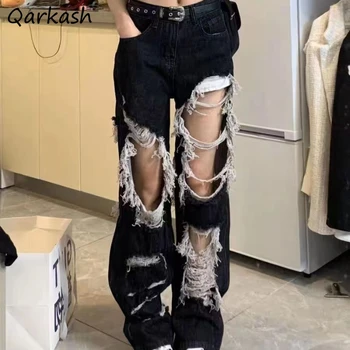 Postrzępione dżinsy damskie proste, wysokiej talii moda proste wypoczynek na cały mecz futro projektant koreański styl dziura Streetwear kobieta