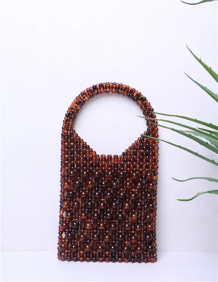 【Wonder Lamar】Luxury designer  dark brown acrylic  bag beaded hand bag women vintage beaded handbag 2023