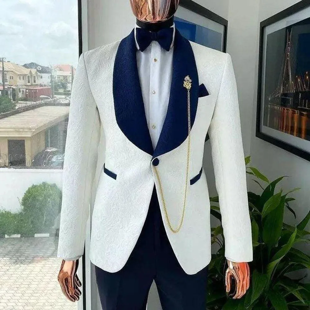 

White Men Suits Collar One Button Emboridary 2 Pieces Jacket Pant High Quality Special Situation Customize Stylish Classic