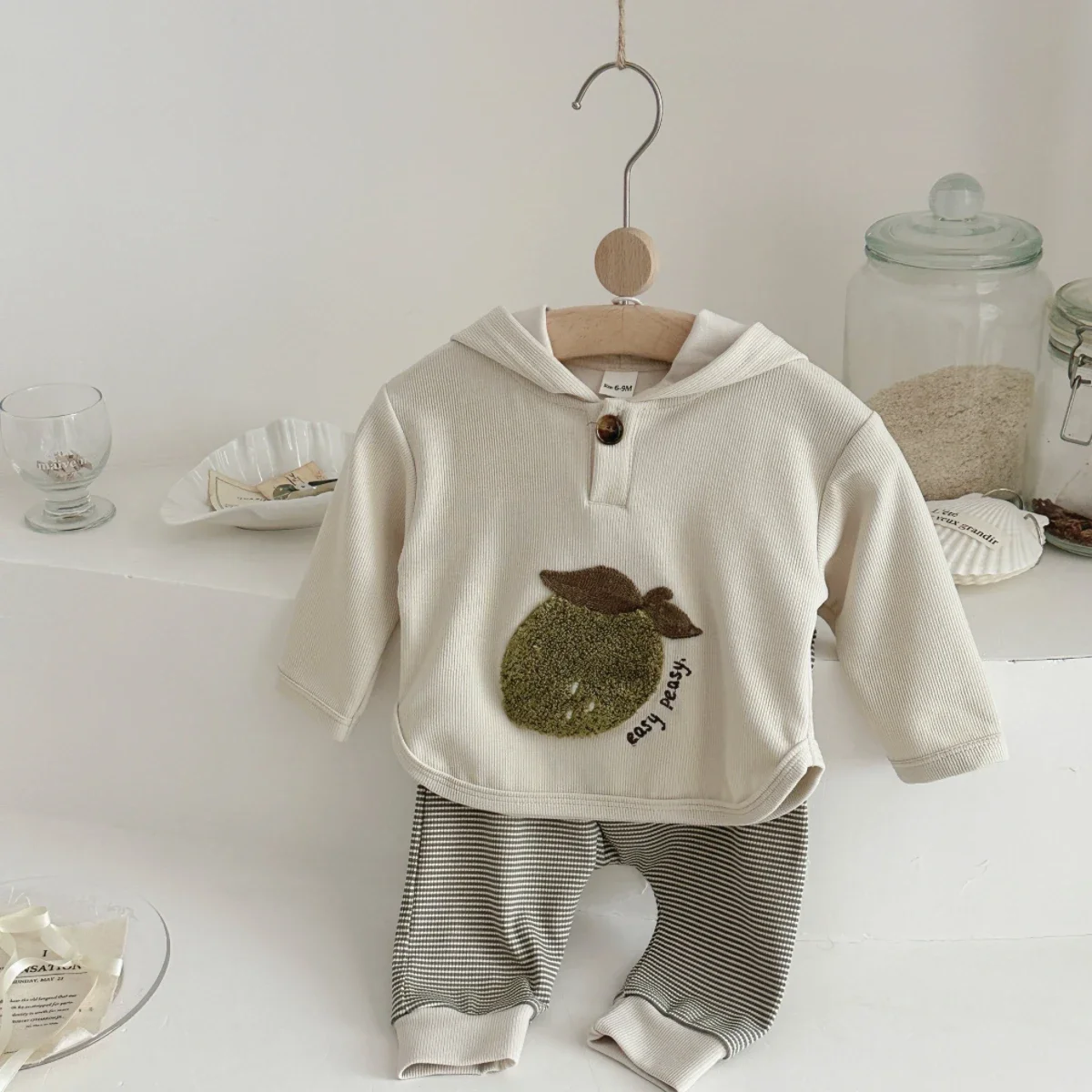 Infant Unisex Casual 2Pcs Set Ribbed Fabric Flocking Lemon Lapel Top Elastic Green White Striped Pants Spring Autumn Baby Outfit