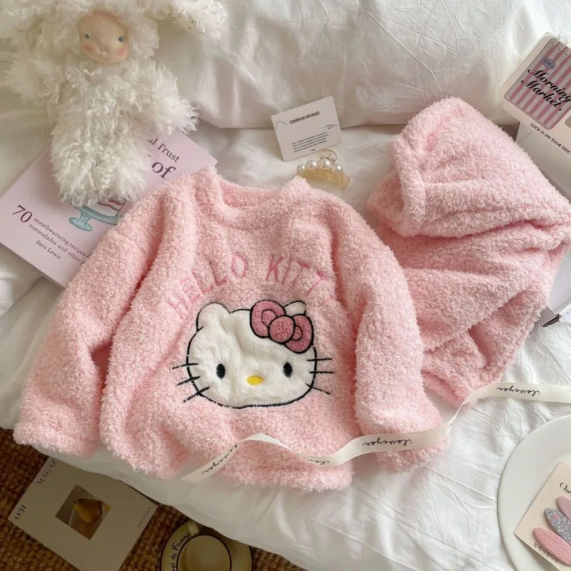 

Kawaii Hello Kitty Sanrio Children Cute Fleece Pajamas Student Princess Hoodie Comfortable Warm Pants Christmas Gifts for Girls