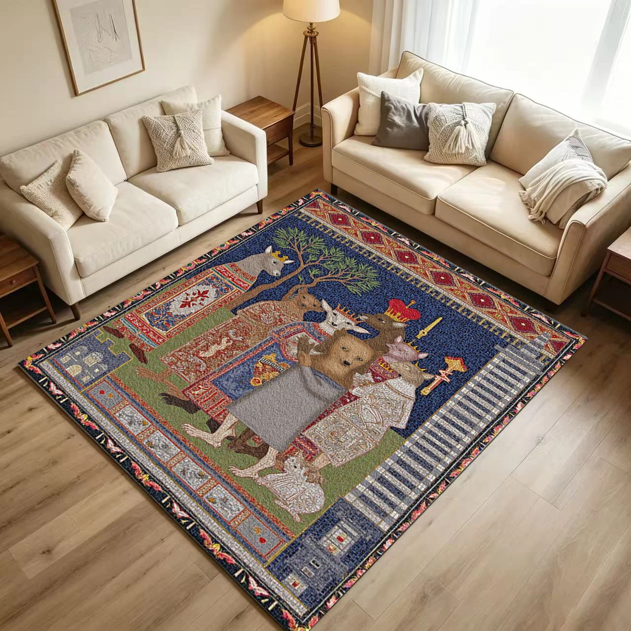 Medieval Mosaic Animal Figure Carpet Flooring Retro Antique Art Printed Floor Rug for Living Room Household Home Decoration