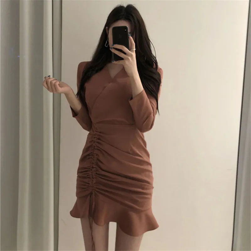 Spring New Style Women's V-neck Long Sleeve Bouffant Short Dress with Drawstring Hem Korean Style Commute Pure Color Dress