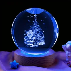 Santa 3D laser carved crystal ball with colored lights, living room bedroom home decorative lights, table decoration glass ball