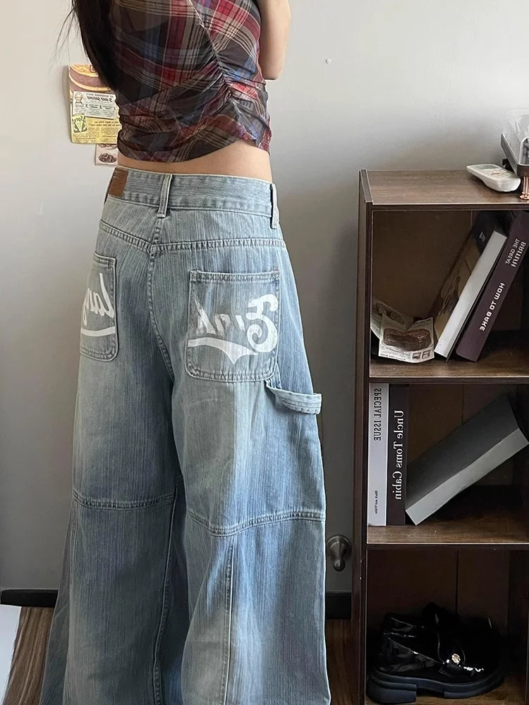 

Джинсы с бамбуковым лезвием в стиле ретро, мужские и женские драпированные широкие брюки с буквенным принтом, свободные джинсовые брюки прямого кроя, повседневные летние